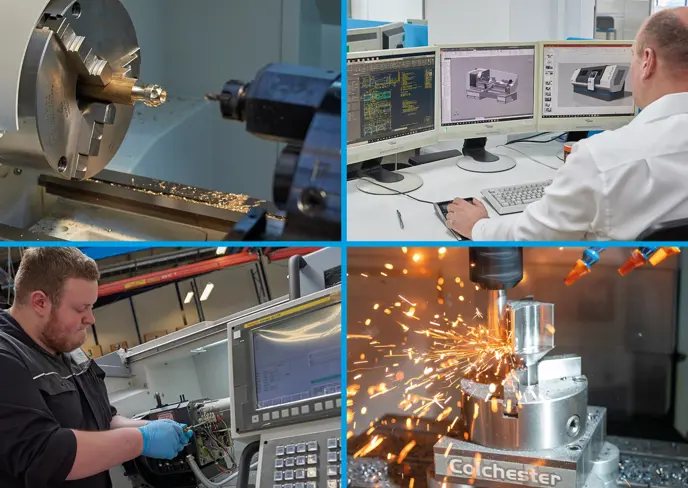 Image grid with 4 images; manual lathe, man working on computer, engineer building a cnc machine and inside a milling machine